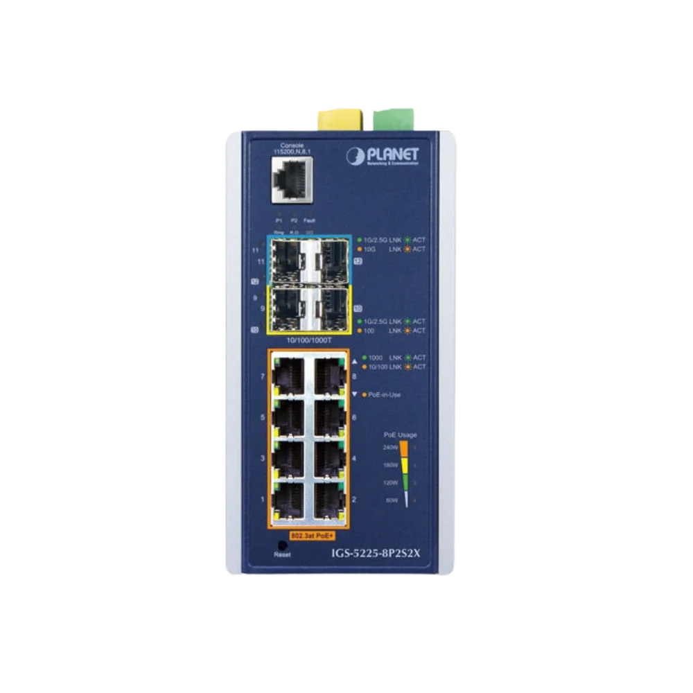 ES-IGS-5225
Industrial L3 8-Port 10/100/1000T 802.3at PoE + 2-Port 1G/2.5G SFP + 2-Port 10G SFP+ Managed Ethernet Switch