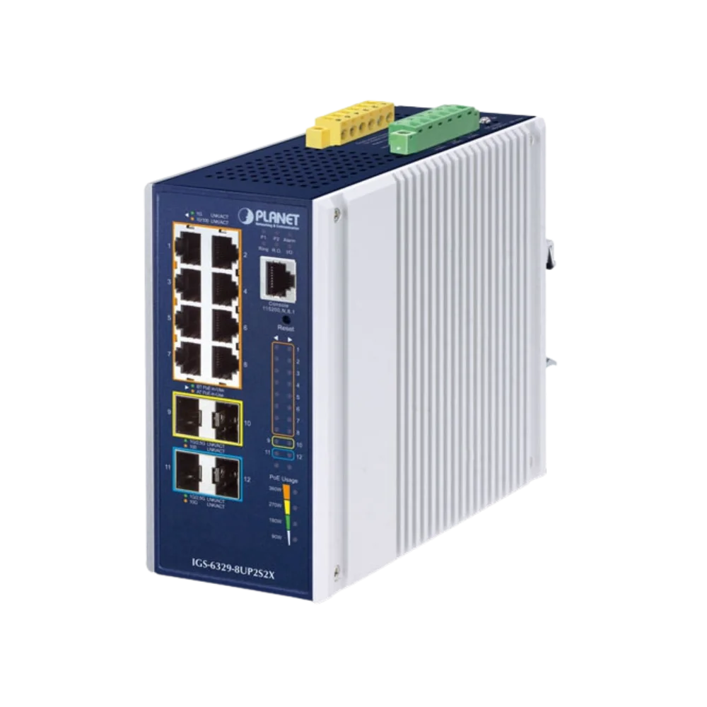 IGS-6329
Industrial L3 8-Port 10/100/1000T 802.3bt PoE + 2-Port 1G/2.5G SFP + 2-Port 10G SFP+ Managed Ethernet Switch